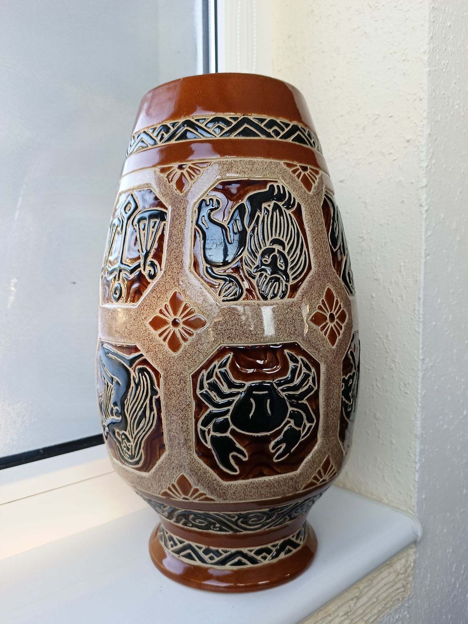Stary duży wazon zodiac ceramika szkliwiona ręcznie robiony zodiaku