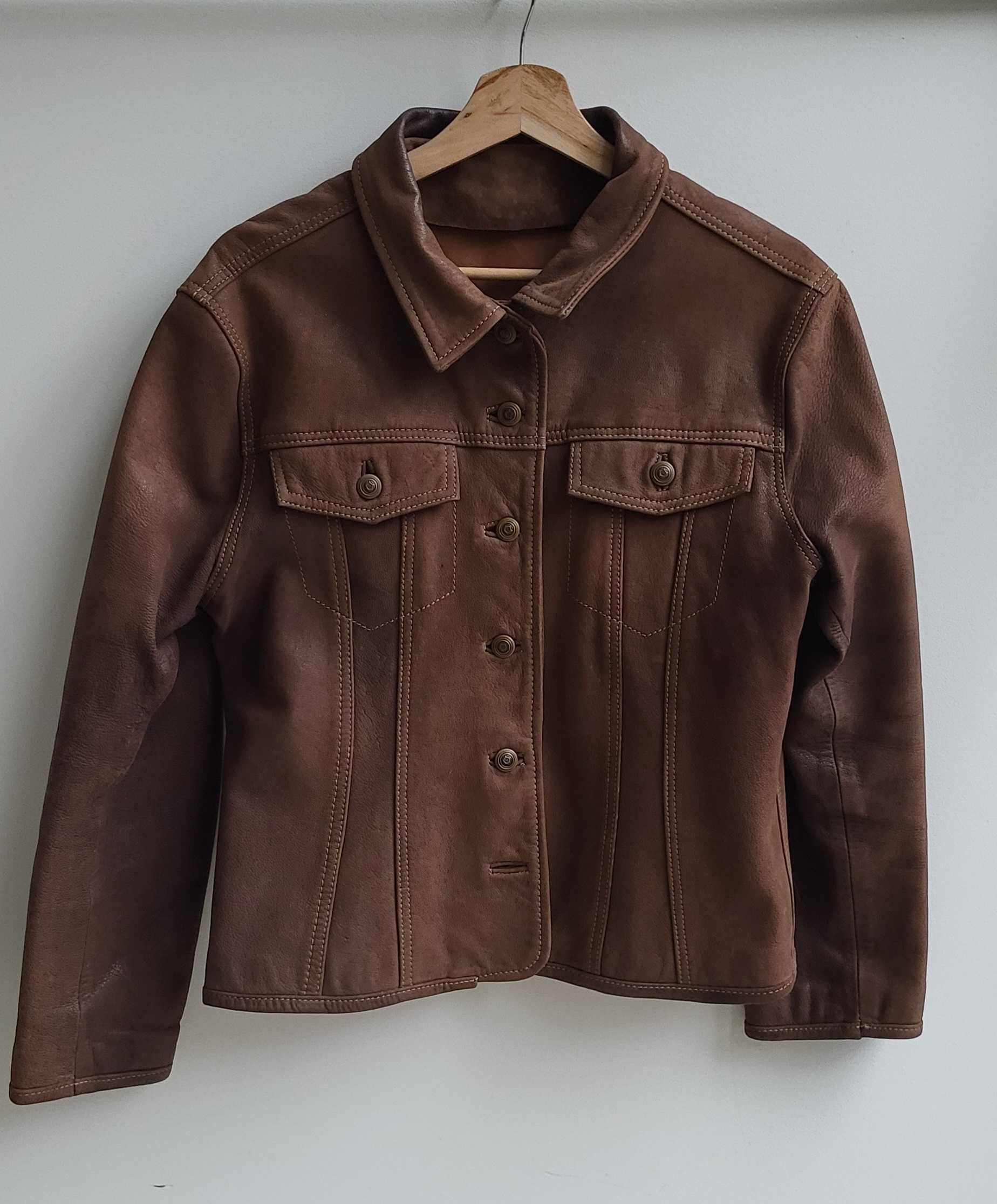 Vintage trucker jacket skórzana brązowa kurtka S