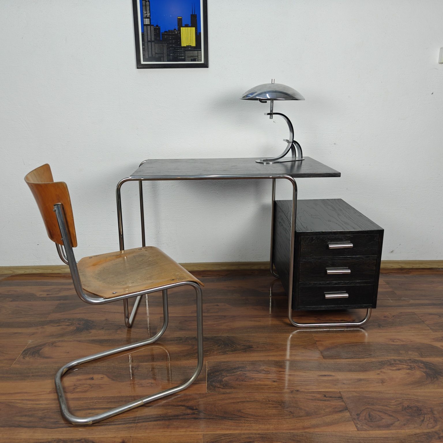 Biurko czarne chrom dąb Bauhaus Art Deco