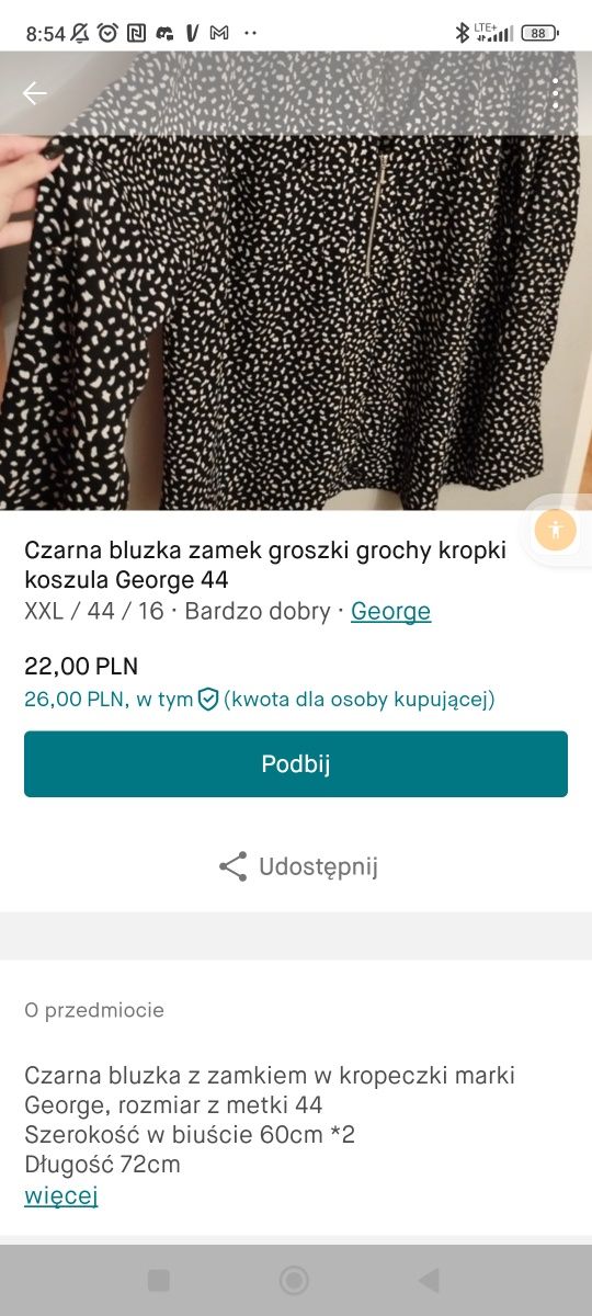 Czarna bluzka groszki kropki grochy zamek George 44