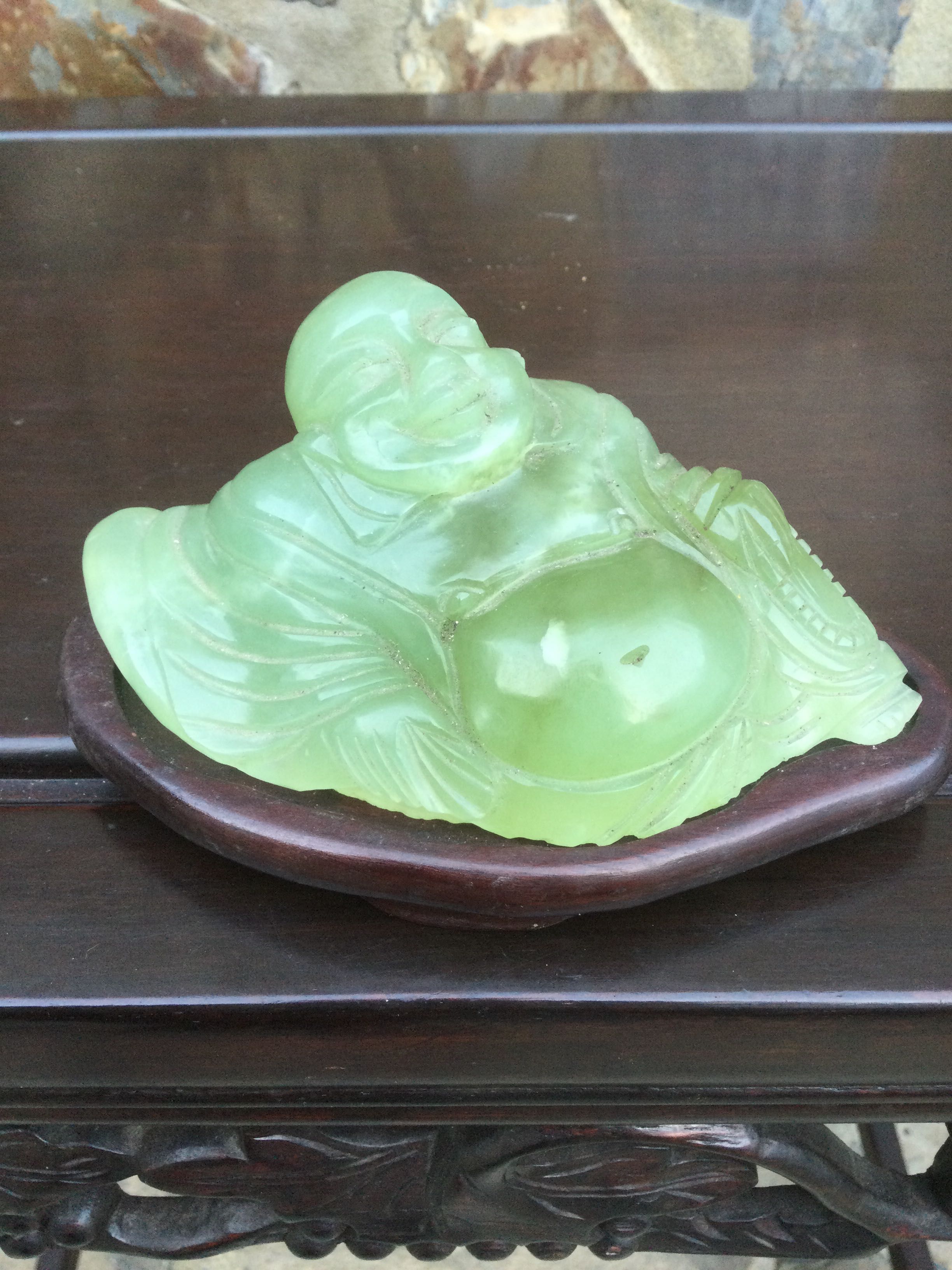 Buda Jade Imperial base madeira exótica China séc XIX 14 cm