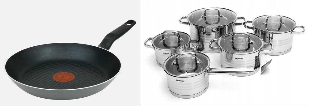 Komplet garnków Hoffner grubsze cięższe + patelnia 27 tefal +dodatki