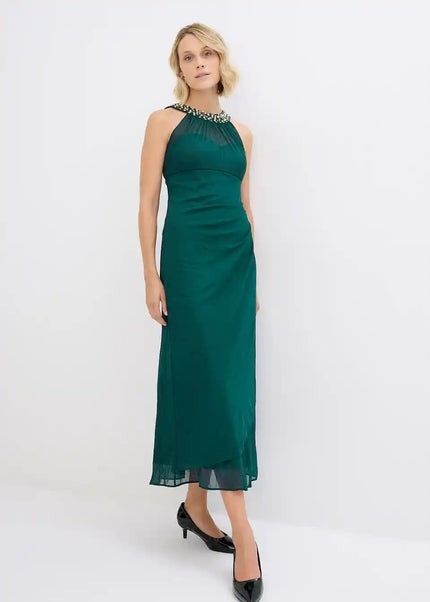 B.P.C sukienka wieczorowa butelkowa zieleń marszczona z kamieniami ^46