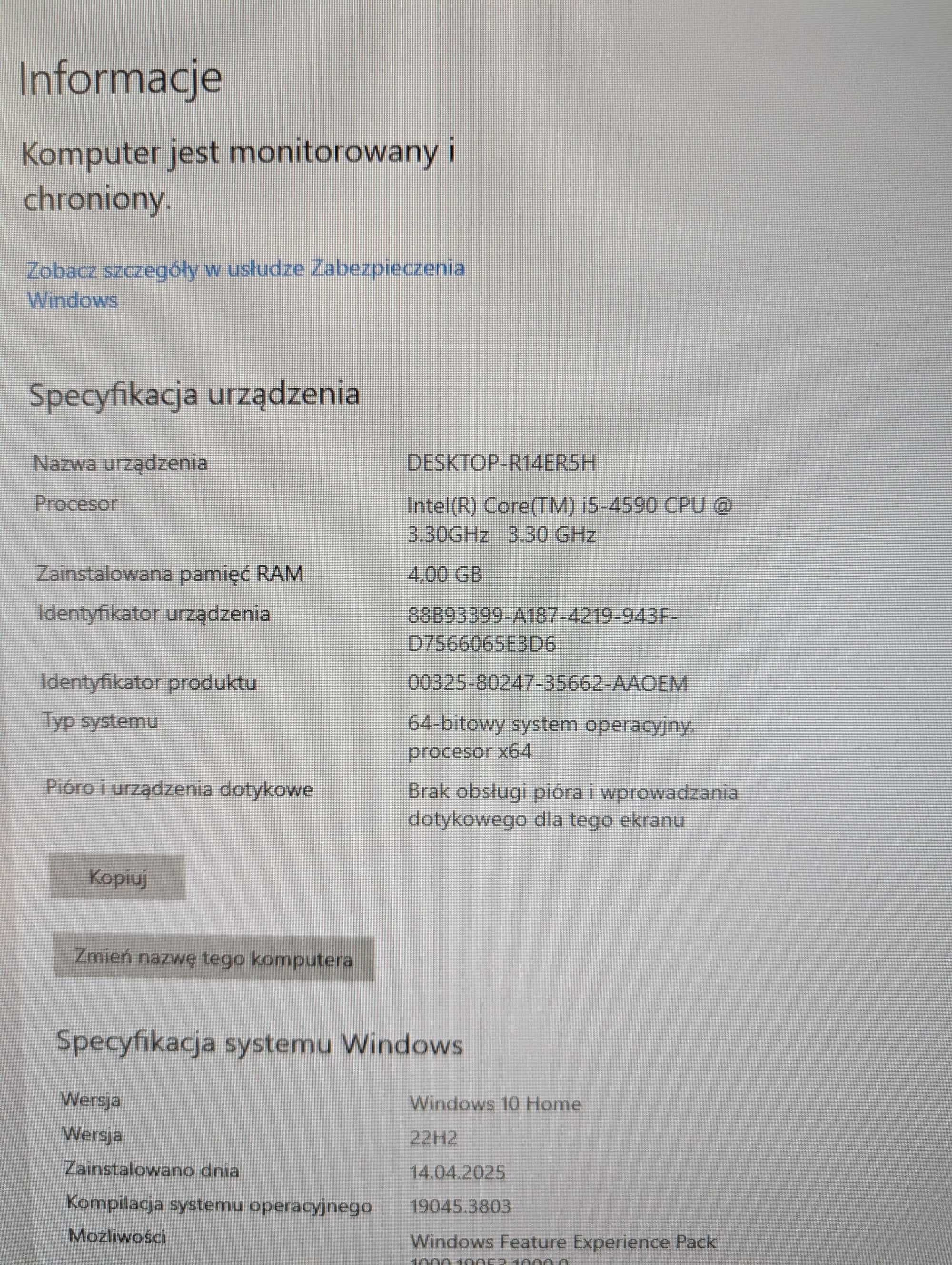Komputer stacjonarny biurowy z monitorem intel i5 SSD DVD