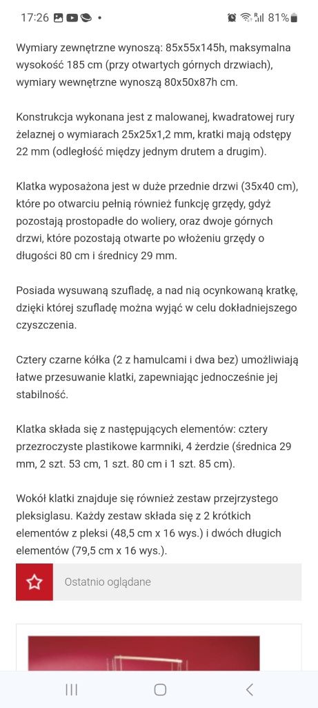 Klatka dla ptaków 80x50x87cm Essegi