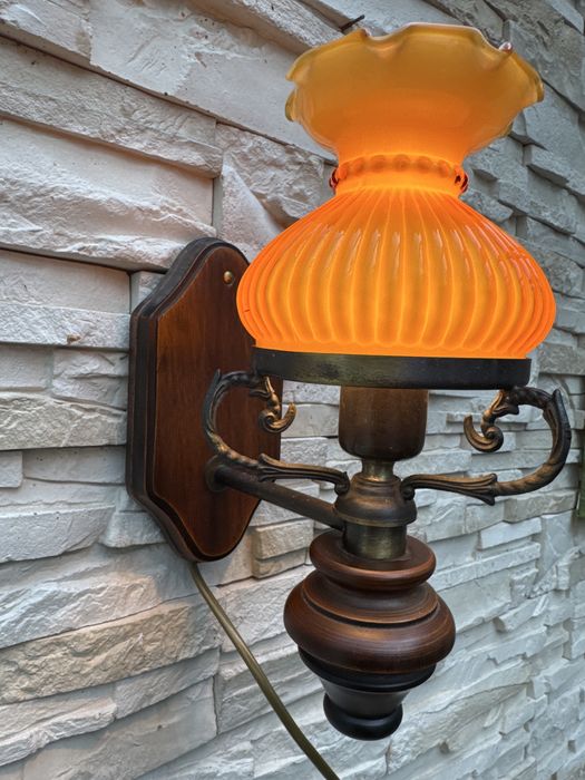 Przesliczny mini kinkiet drewno mosiądz porcelana