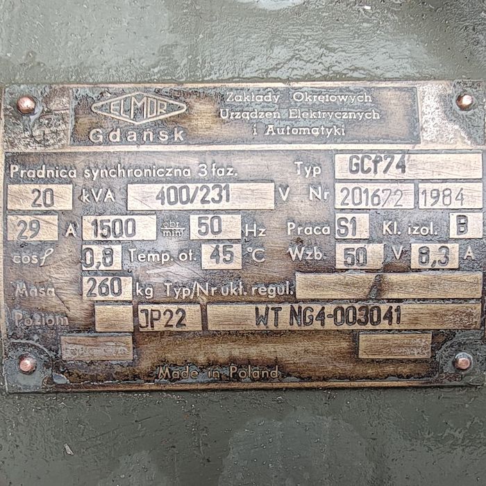 Agregat prądotwórczy 20kVA (16kW) 400/230V nowa instalacja. AVR.