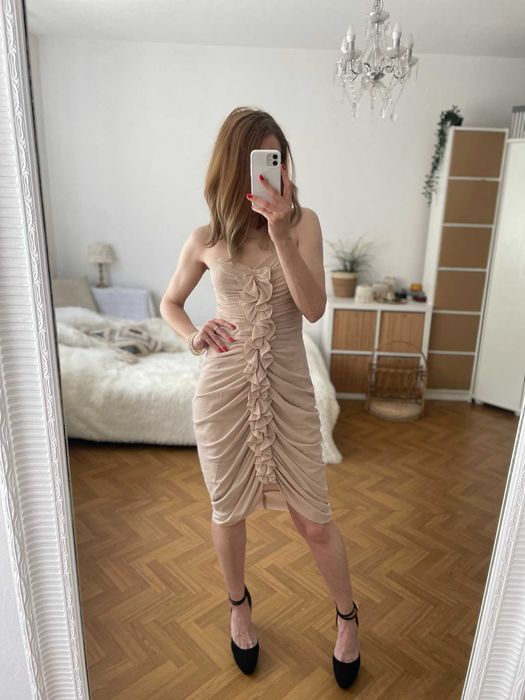 H&M sukienka beż pudrowy róż nude marszczenia elegancka XS 34 S 36
