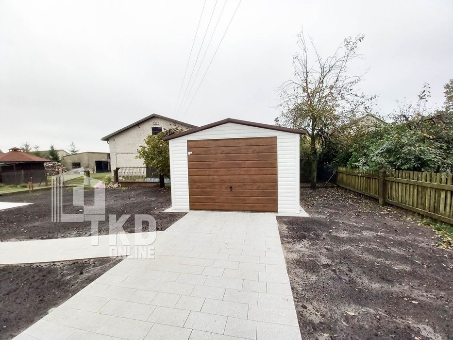 Garaż Blaszany 4X6 Brama 2X Okno - Biały + Ciemny Orzech  Tkd113