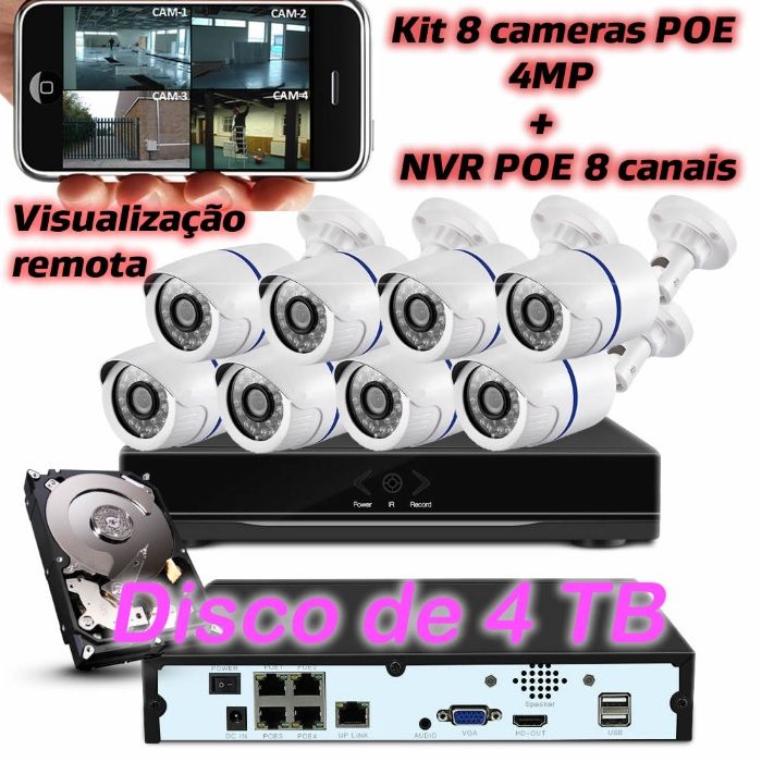 Kit 8 cameras POE IP HD 4MP + disco 4tb + NVR gravador POE de 8 canais