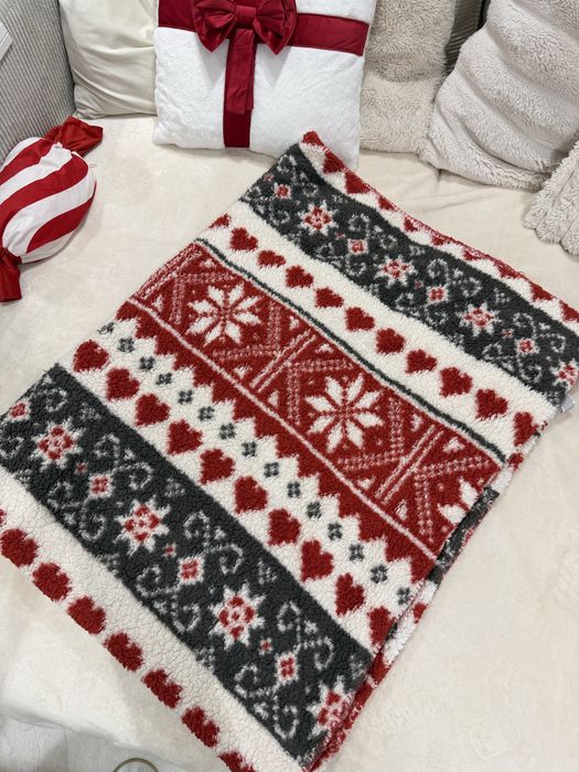 Duży, ciepły koc świąteczny wzór, miękki, skandynawski, teddy, plusz