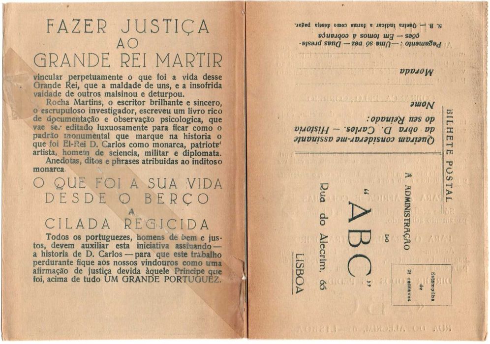 CUPÃO de compra do livro "Dom Carlos : história do seu reinado"