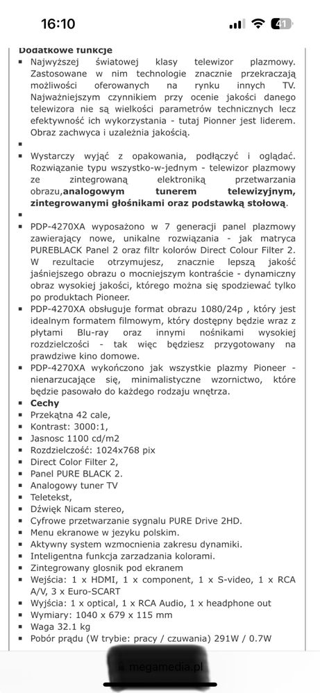 Telewizor Pioneer 42 cale plasma