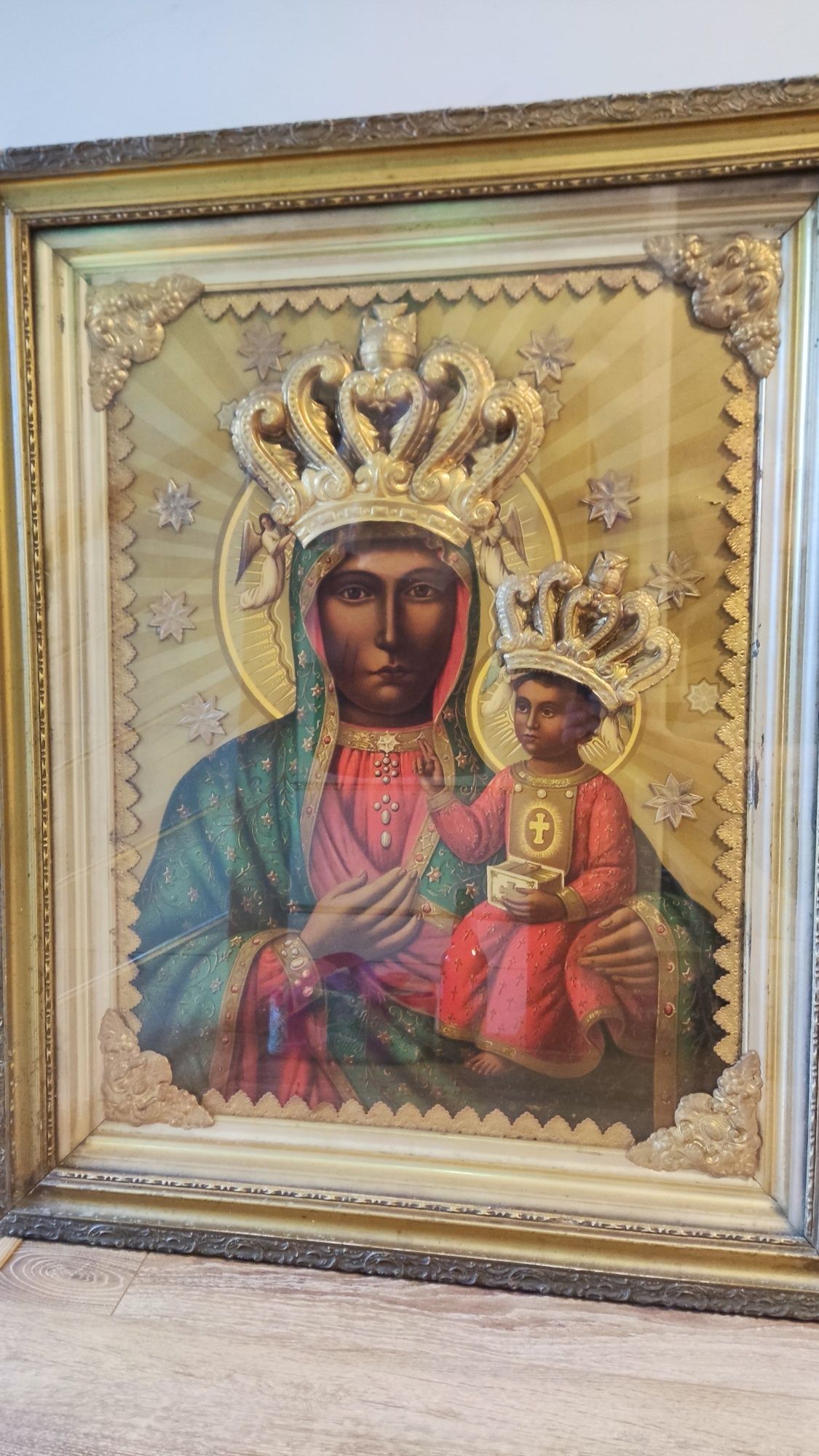 Zabytkowa Ikona Matki Boskiej Częstochowskiej z XIX/XX w. Bogata rama