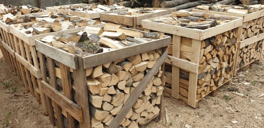 Дрова колоті твердих порід, дрова в ящиках, дрова в сітках