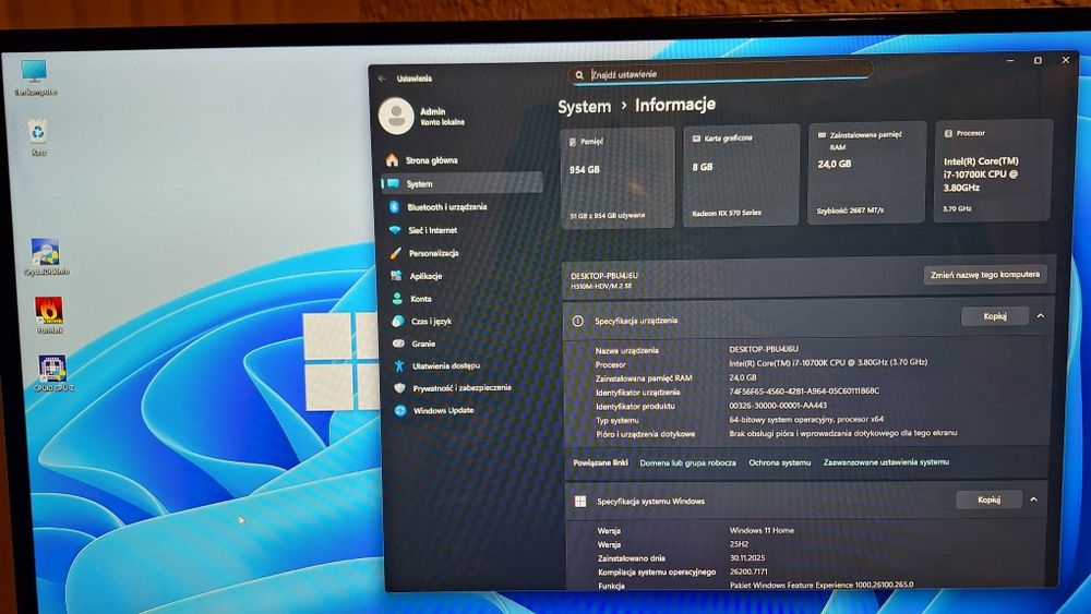 PC i7 8r/16x 5.0GHz/RX 8GB Nitro/24GB/1TB SSD W11+akces gaming/OKAZJA