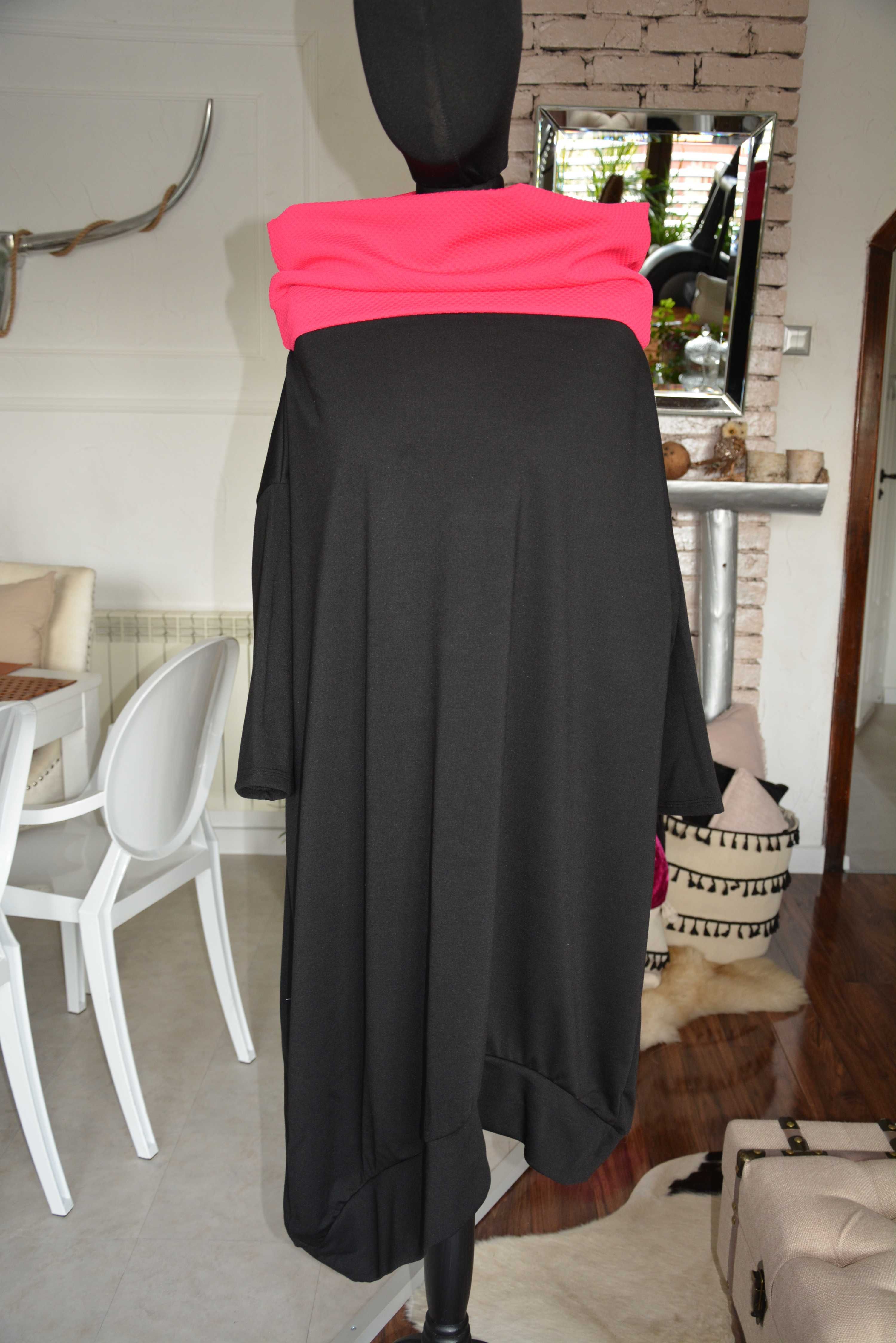 44-50 asymetryczna bluza tunika czarna róż dzianina oversize plus size
