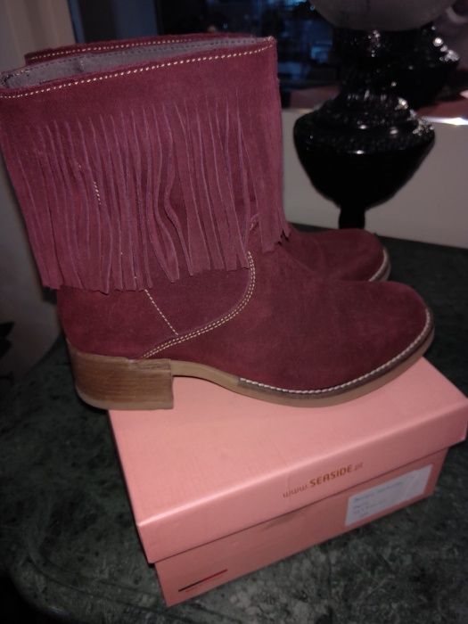 Botins Botas Bordeaux Pele Franjas 38 Como Novas