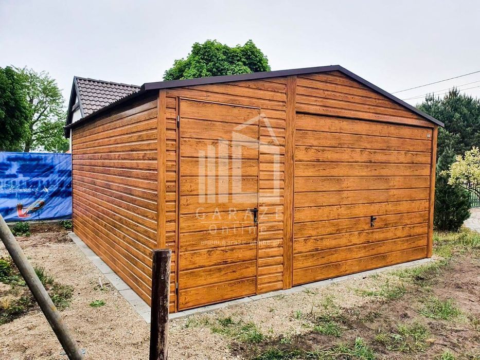 GARAŻ BLASZANY 4,5 x 5 dwuspad Brama + drzwi orzech wolnostojący ID88