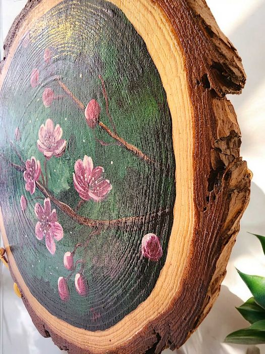 Pintura sobre Fatia de Madeira Rústica - "Ramo de Cerejeira" (19 cm)