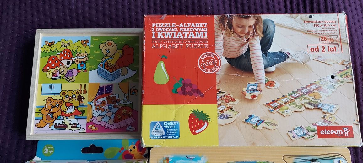 Zestaw puzzli drewnianych,grających, układanek, domino,Cars