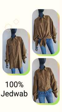 Koszula vintage 100% Jedwab Silk. Khaki Złota. Rozmiar 44 oversize