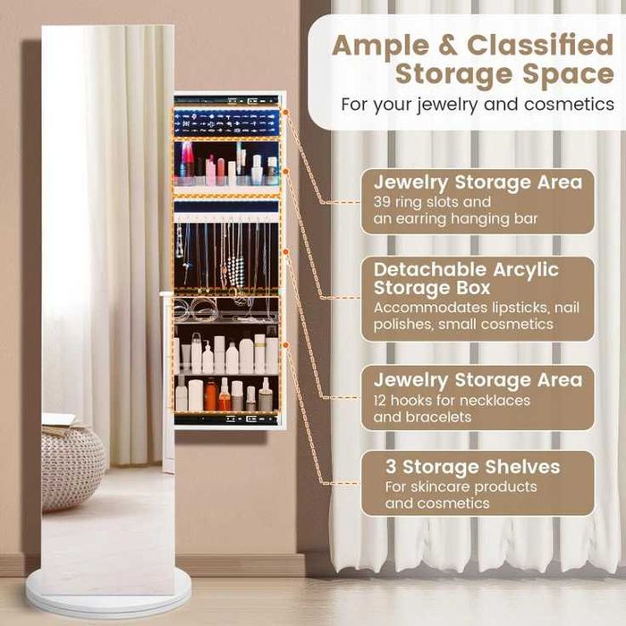 Toaletka Szafka na Biżuterię Obrotowa z Lustrem i Podświetleniem LED