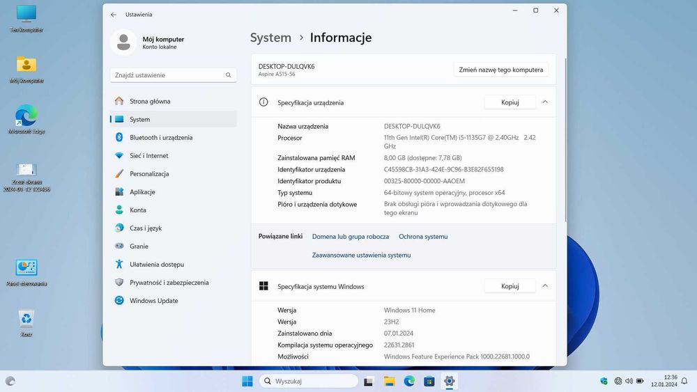 Laptop Acer Aspire 5 15,6" i5-1135G7 8GB RAM 512 Dysk Windows 11 Home