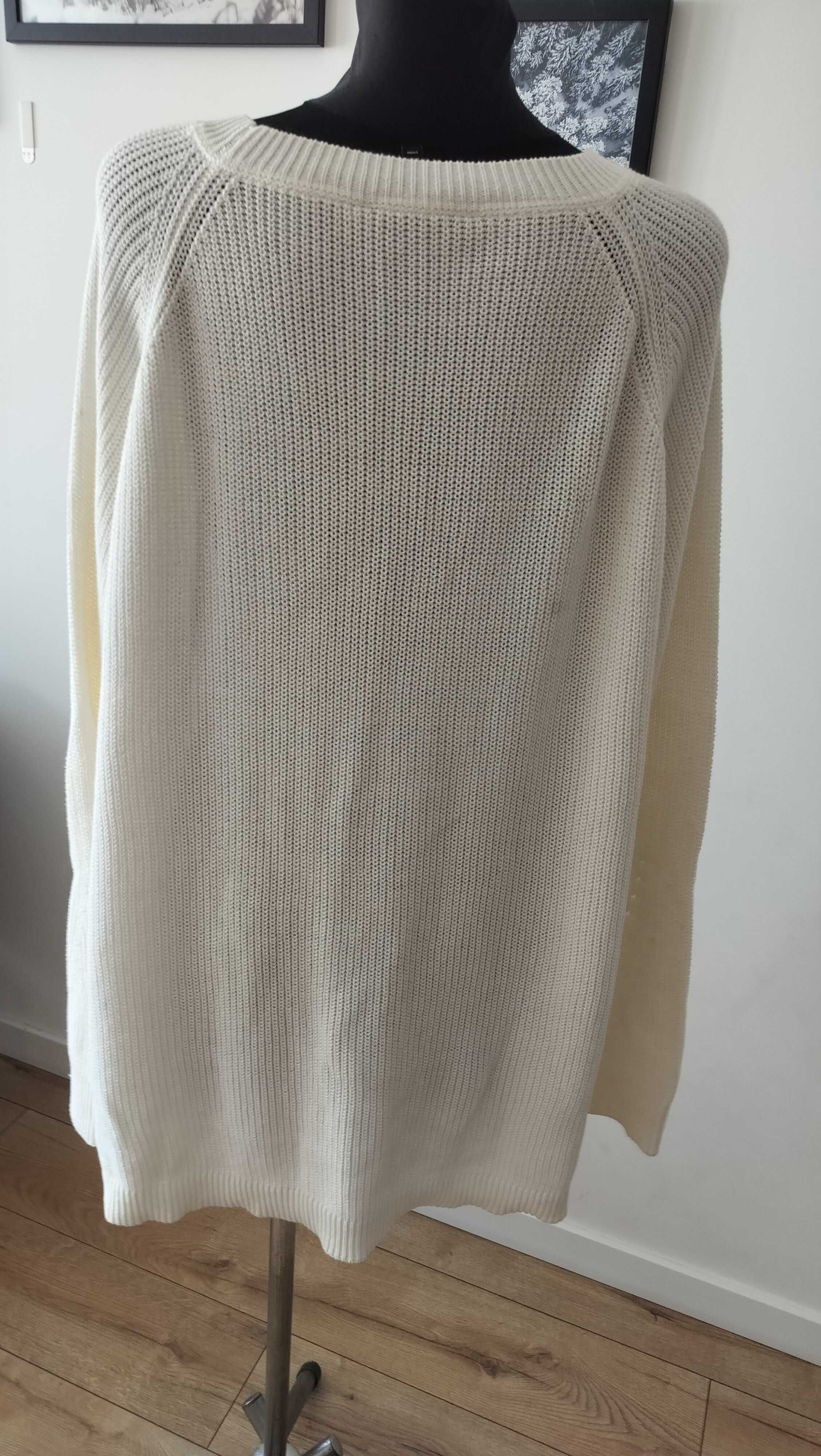 Sweter damski 48 Ulla Popken szykowny wstawki koronkowe bawełna ekri