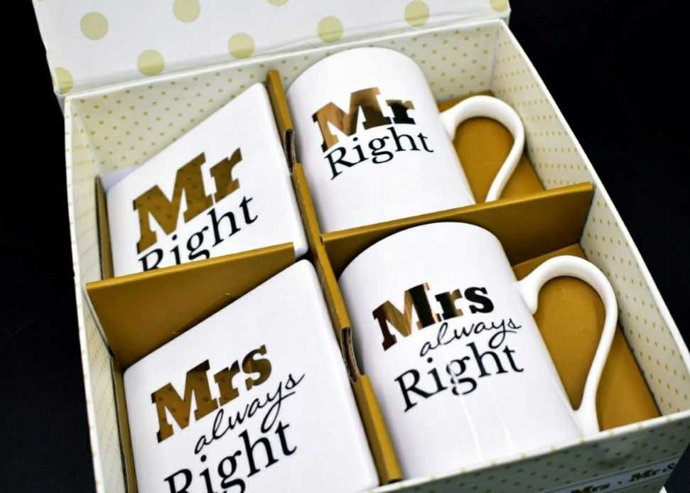 Подарочный набор чашек с подставками Mrs и Mr Right