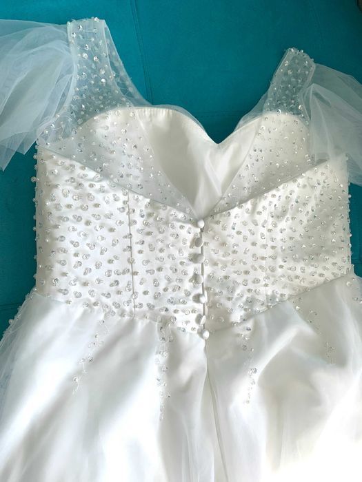 Suknia ślubna #43 ciążowa perełki cekinki rękawek rozmiar 36 S