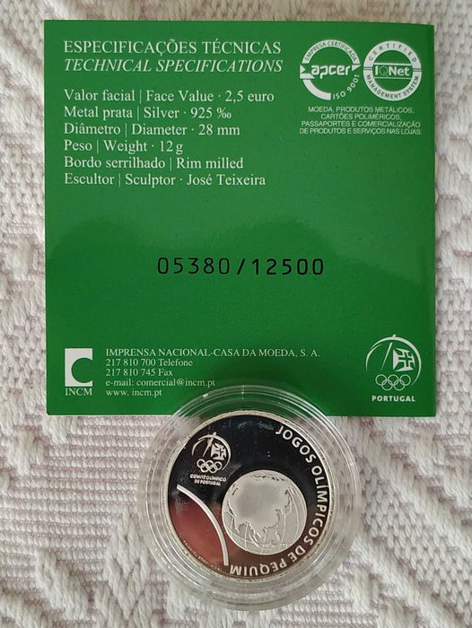 Portugal moeda em prata proof de 2,5 euro de 2008 Jogos Olimp. Pequim