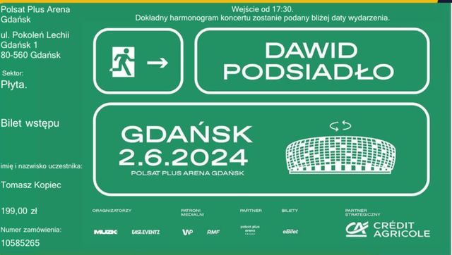 Dwa bilety Dawid Podsiadło Koncert Gdańsk
