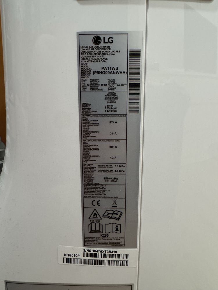 Ar-condicionado Portátil LG 9000 BTUs Dual Inverter PA11WS com WiFi