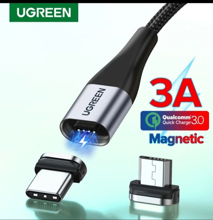 Магнітний кабель ugreen  3 А передача данних tape-c,micro-usb