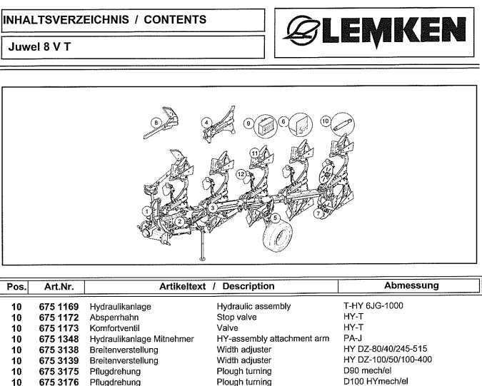Katalog części pług Lemken Juwel 8 VT