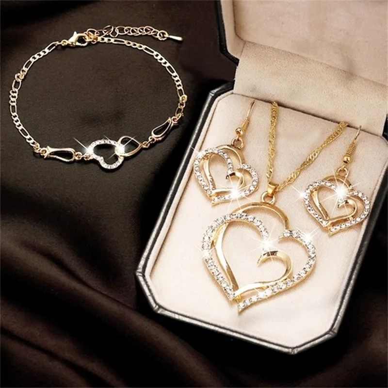 Elegancki zestaw biżuterii złote serca z cyrkoniami naszyjnik kolczyki