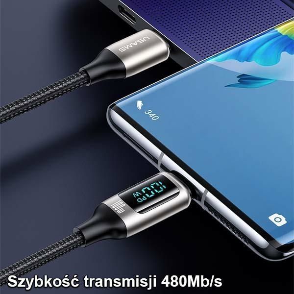 Usams Kabel Pletwony USB-C do USB-C 100W 2M LED - Szybkie Ładowanie