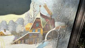 Obraz zima chatka kon sanki j. Rus chata dym snieg w ramie stary