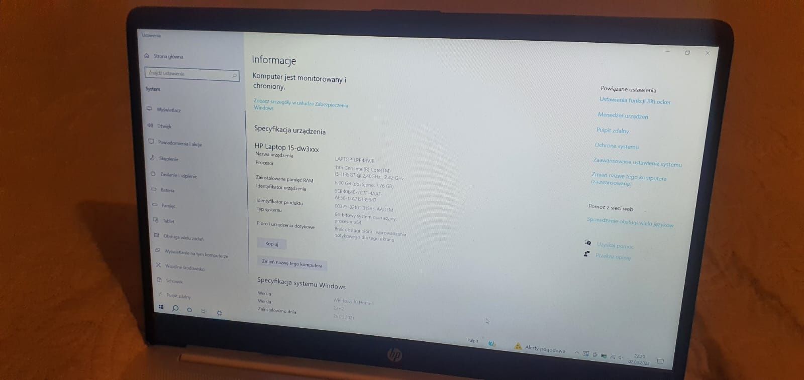 Sprzedam laptop HP 15-DW3001NW Full HD, 8GB RAM, 512GB SSD, i5