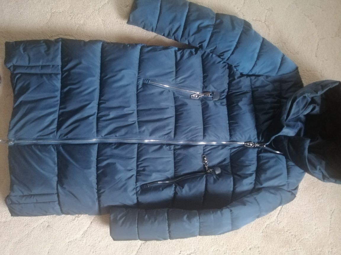 Пуховик тёплый пальто б/у р 50 52 синий металик