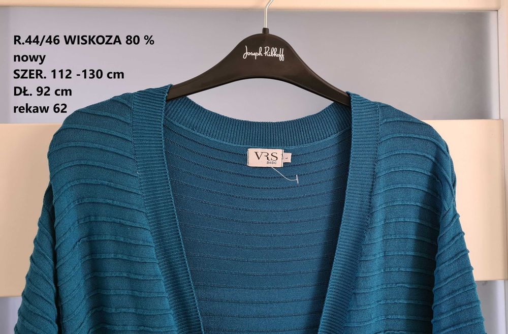 Kardigan sweter długi r.44/46 wiskoza lazur/turkus biust 112-130 cm