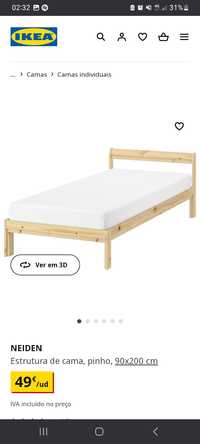 Estrutura de cama em pinho NEIDEN Ikea 90x200