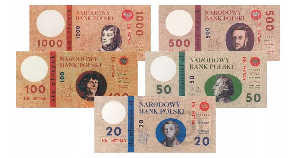 Banknoty PRL projekty Tomaszewski/Pałka.