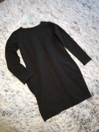 Czarna bawełniana sukienka 140 kropek z kieszeniami długi rękaw