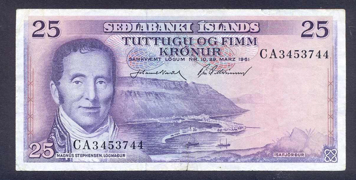 Banknot Islandia 25 Kronur z 1961 r rzadki