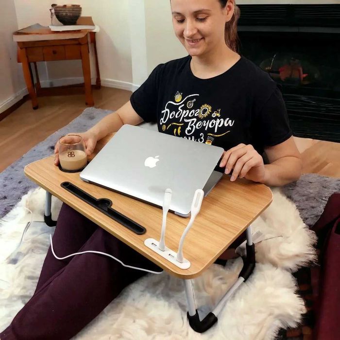 Складной столик для завтрака, ноутбука и планшета с подстаканником