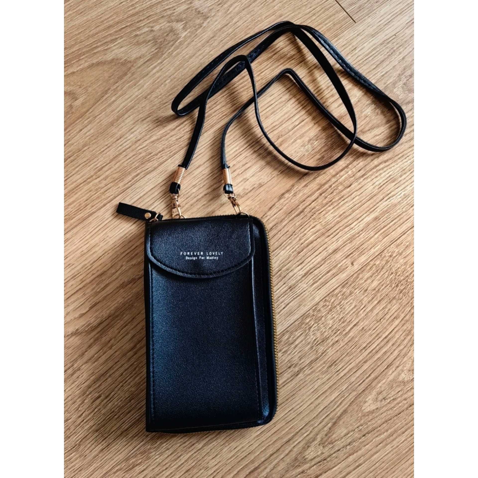 Czarny Portfel damski z etui na telefon mała torebka crossbody