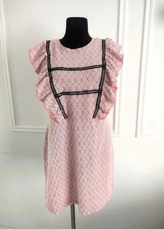 Różowa sukienka bez rękawów w pepitkę, falbany, bawełna, plus size