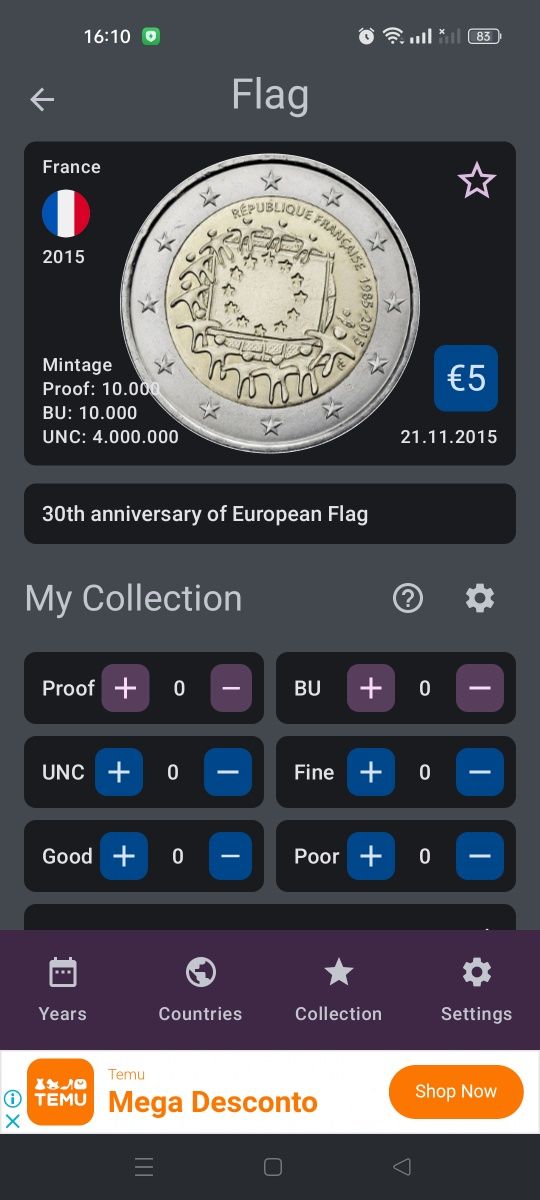 2 Moedas comemorativas de 2 euros flag (Portugal - França)